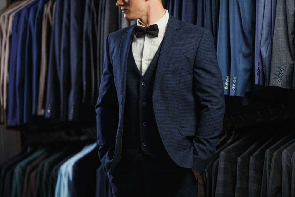 Navy suit shop and grey waistcoat