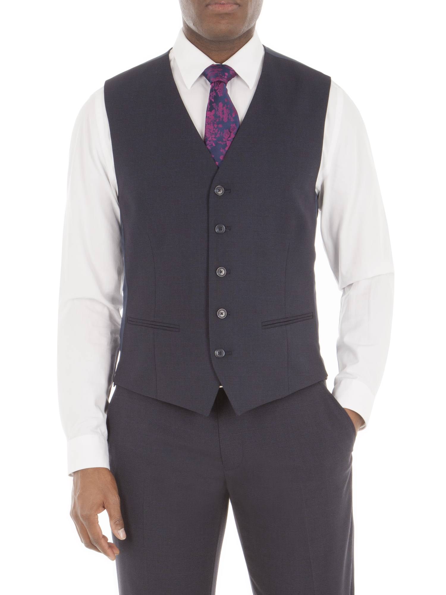 Aston & Gunn Navy Tonal Check Tailored Fit Waistcoat