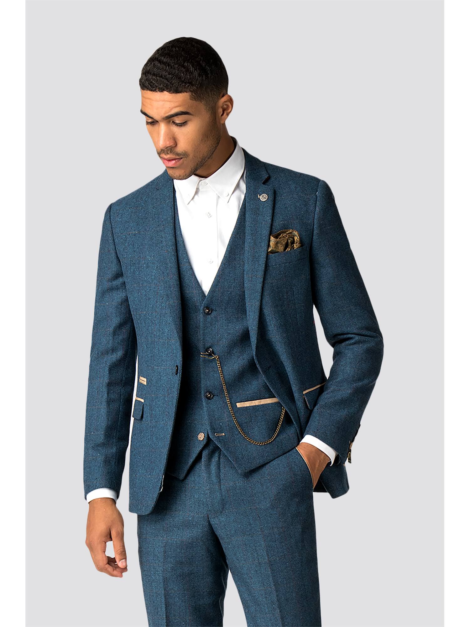 Blue Mens Marc Darcy Vintage Check Double Breasted Waistcoat Hilton