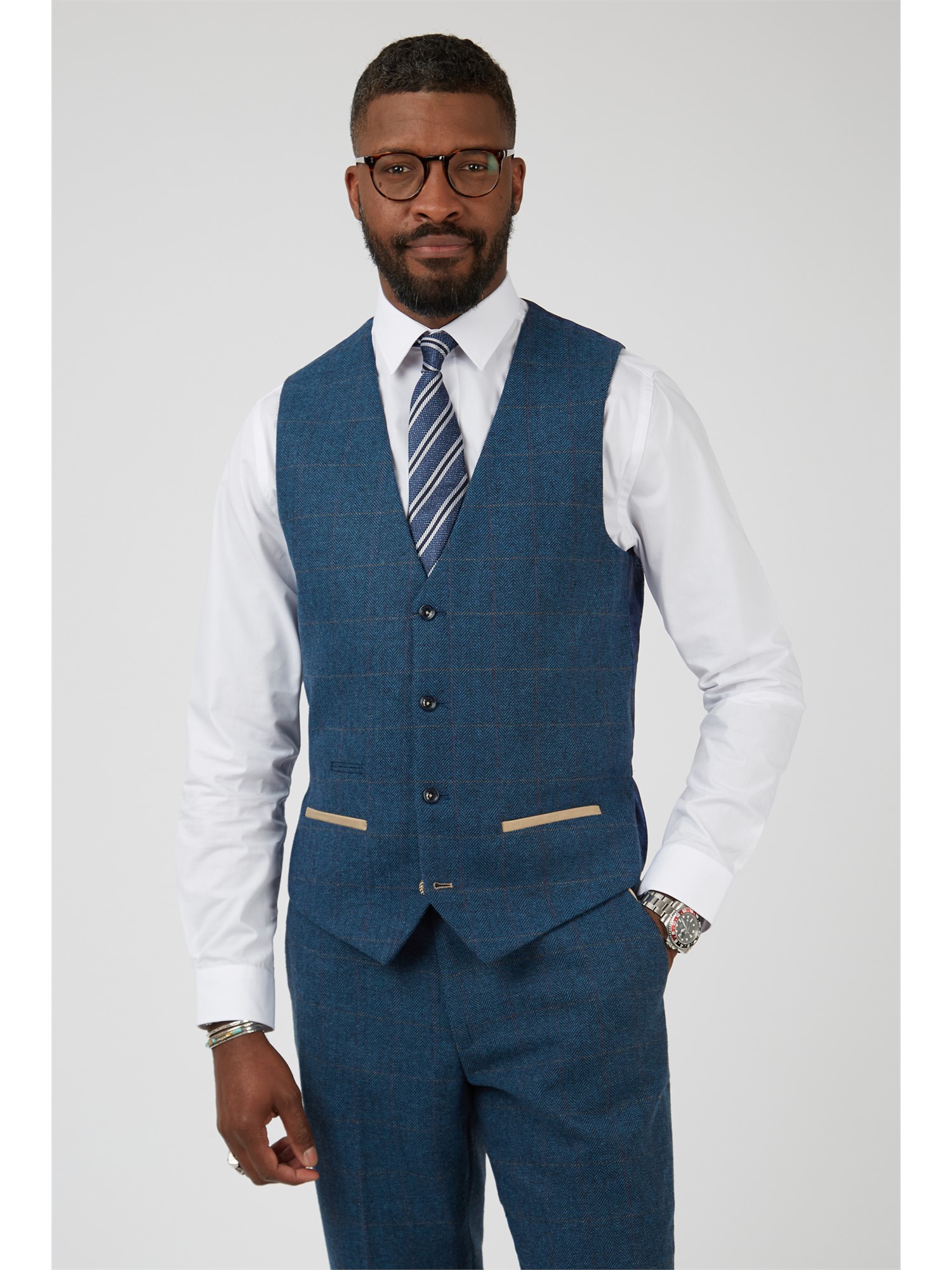 Marc Darcy | 3 Piece Blue Herringbone Check Suit | Suit Direct