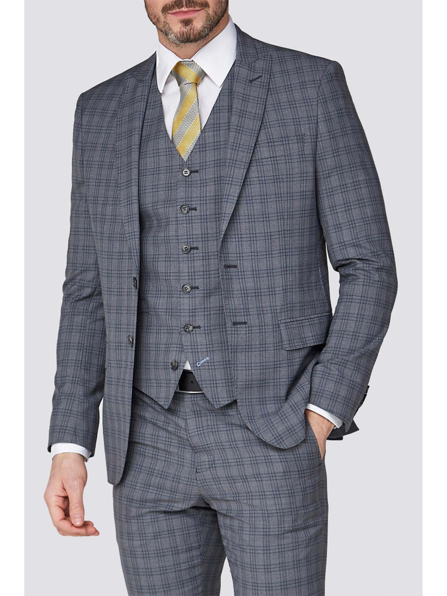 Jeff Banks Stvdio Light Grey With Blue Windowpane Check Ivy League Suit Jacket