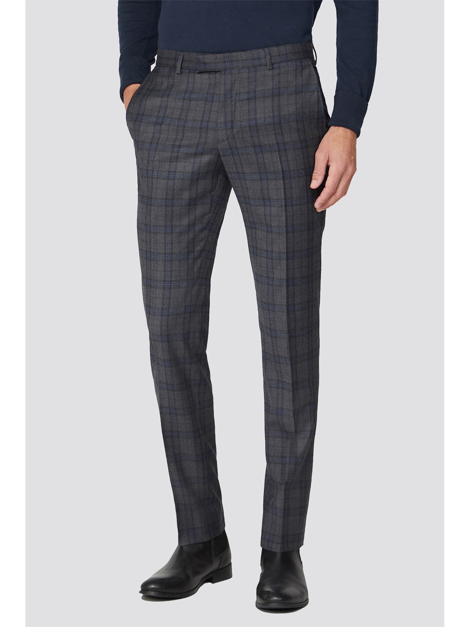 Alexandre of England Grey & Blue Overcheck Tailored Fit Men's Trousers