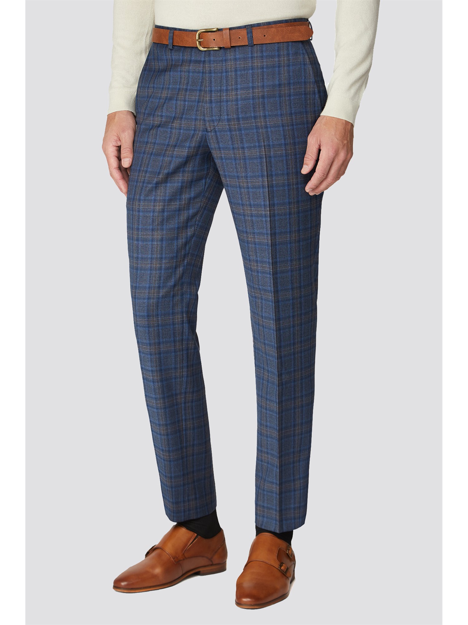 Alexandre of England Blue Multi Check Regular Fit Men's Trousers