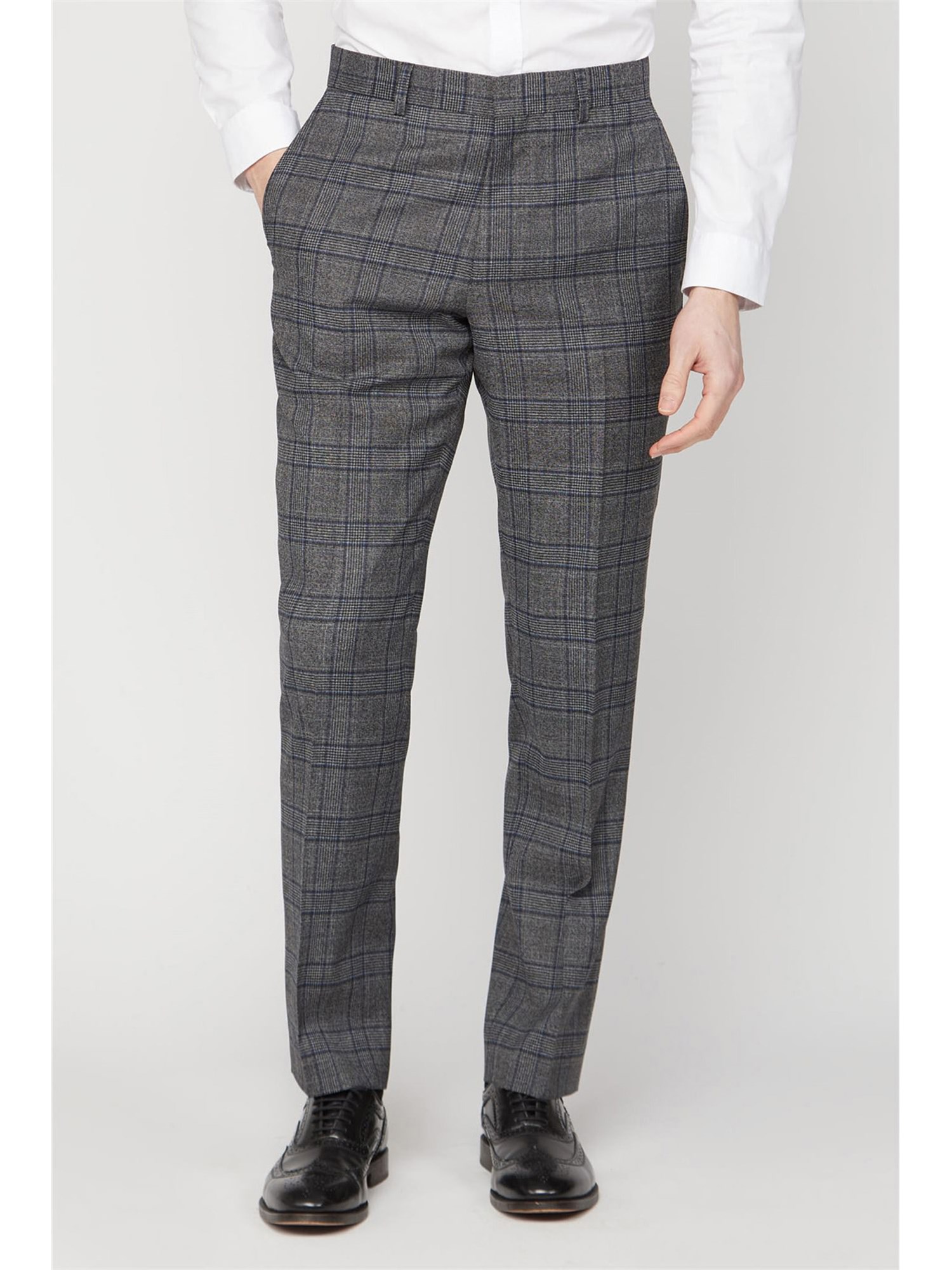 Alexandre of England Grey Electric Blue Check Regular Fit Men's Suit Trousers