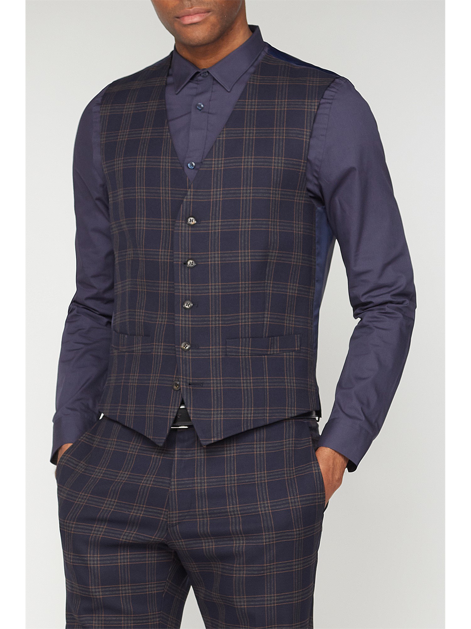 ben sherman navy caramel check slim fit men's suit waistcoat