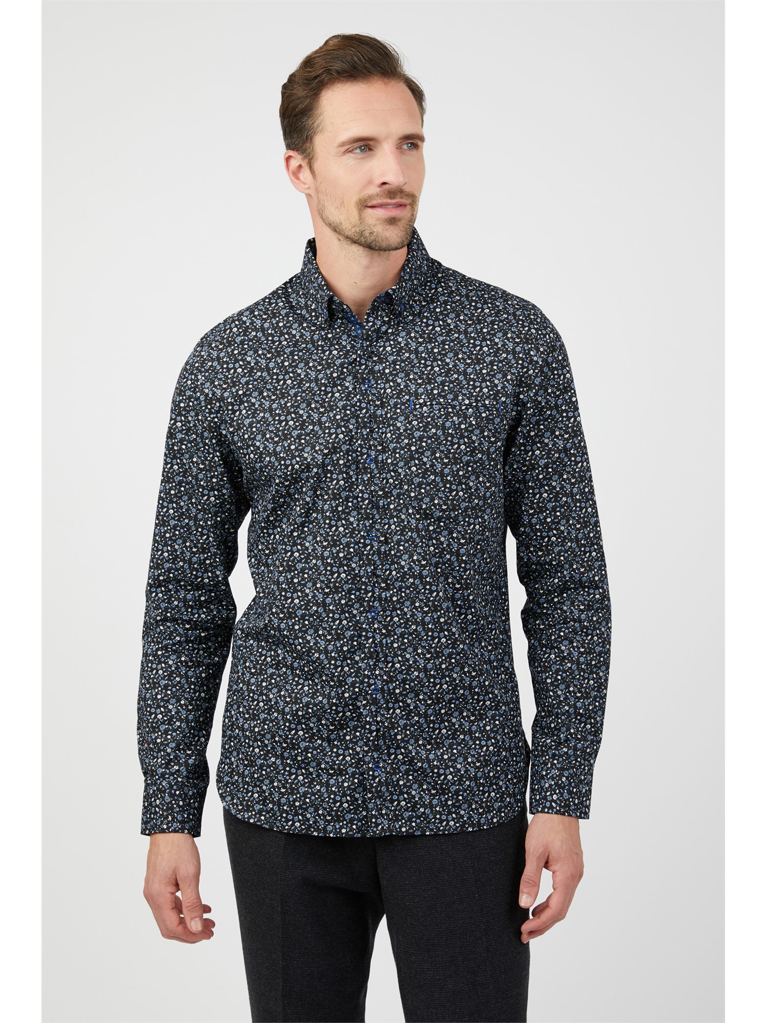 Jeff Banks Long Sleeve Grey Floral Print Shirt