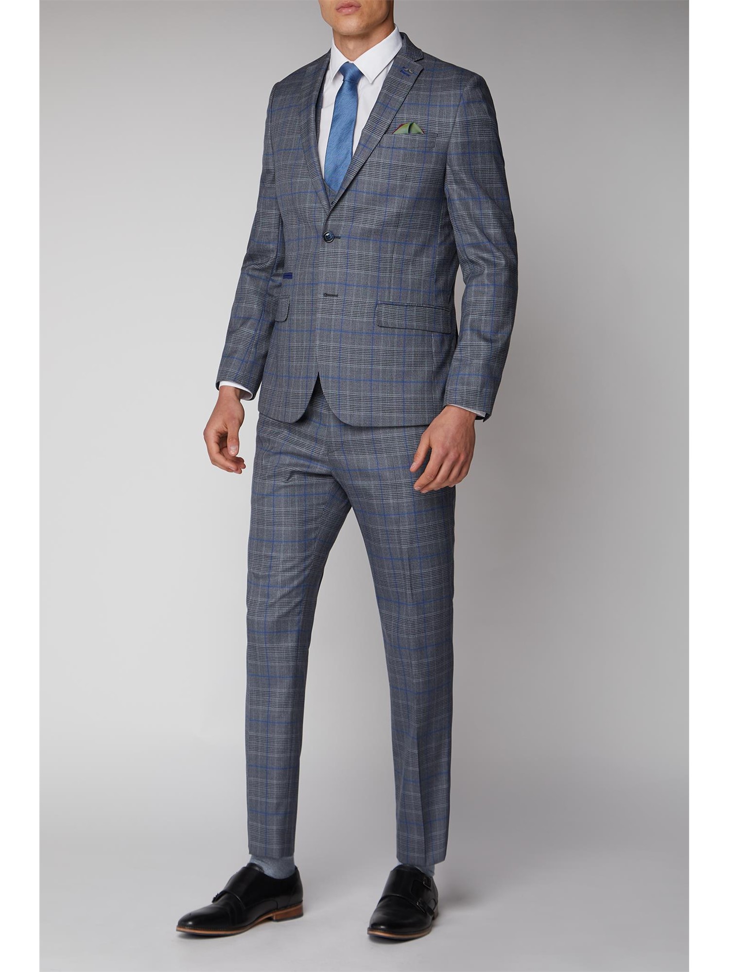 Antique Rogue Grey Blue Check Slim Fit Suit Jacket