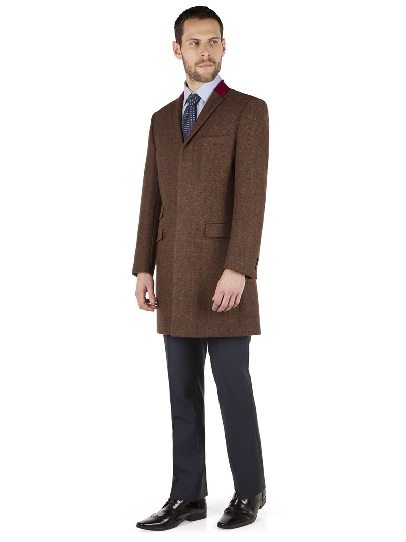  Rust Tweed Two Colour Check Coat with Contrast Collar