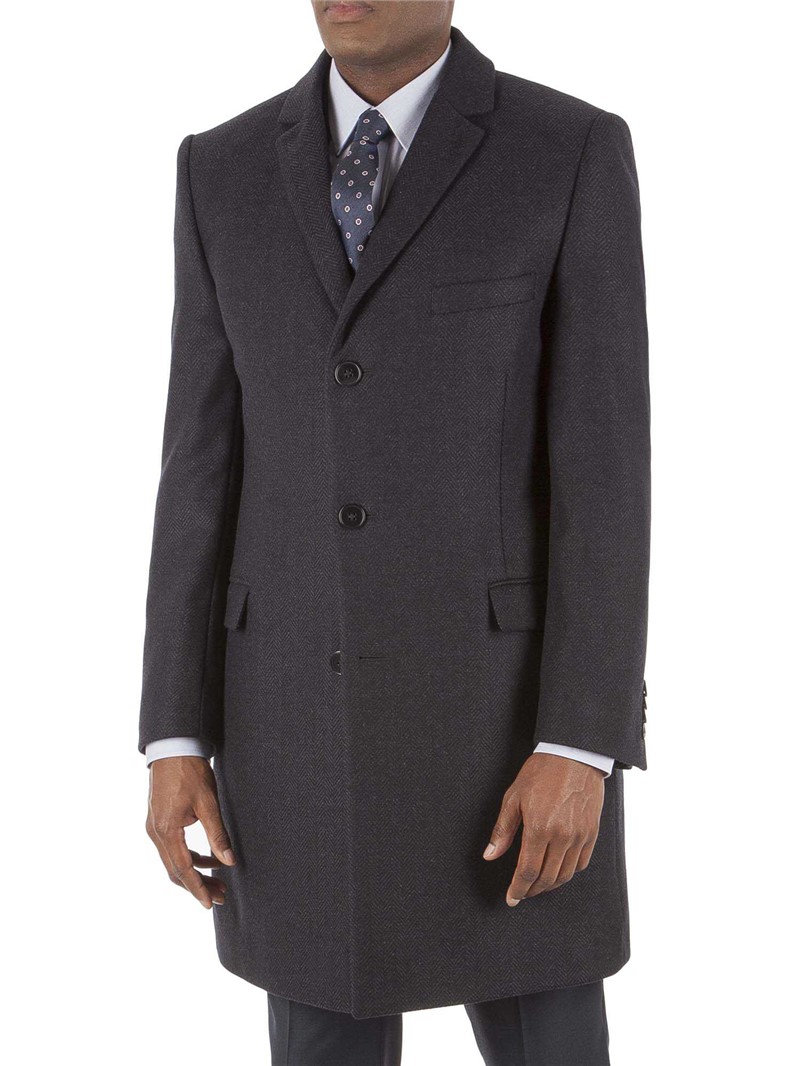  Navy Herringbone Tailored Fit Overcoat