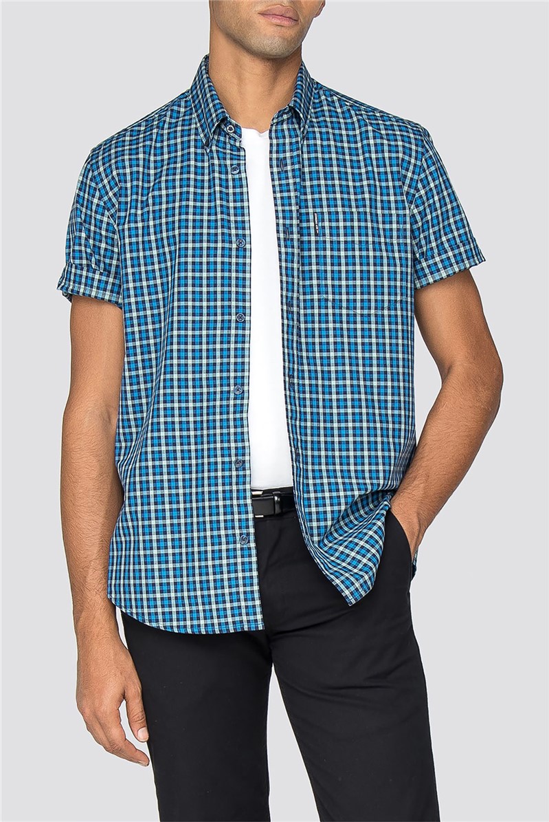Ben Sherman Mens Blue Short Sleeve Gingham Shirt Suit Direct