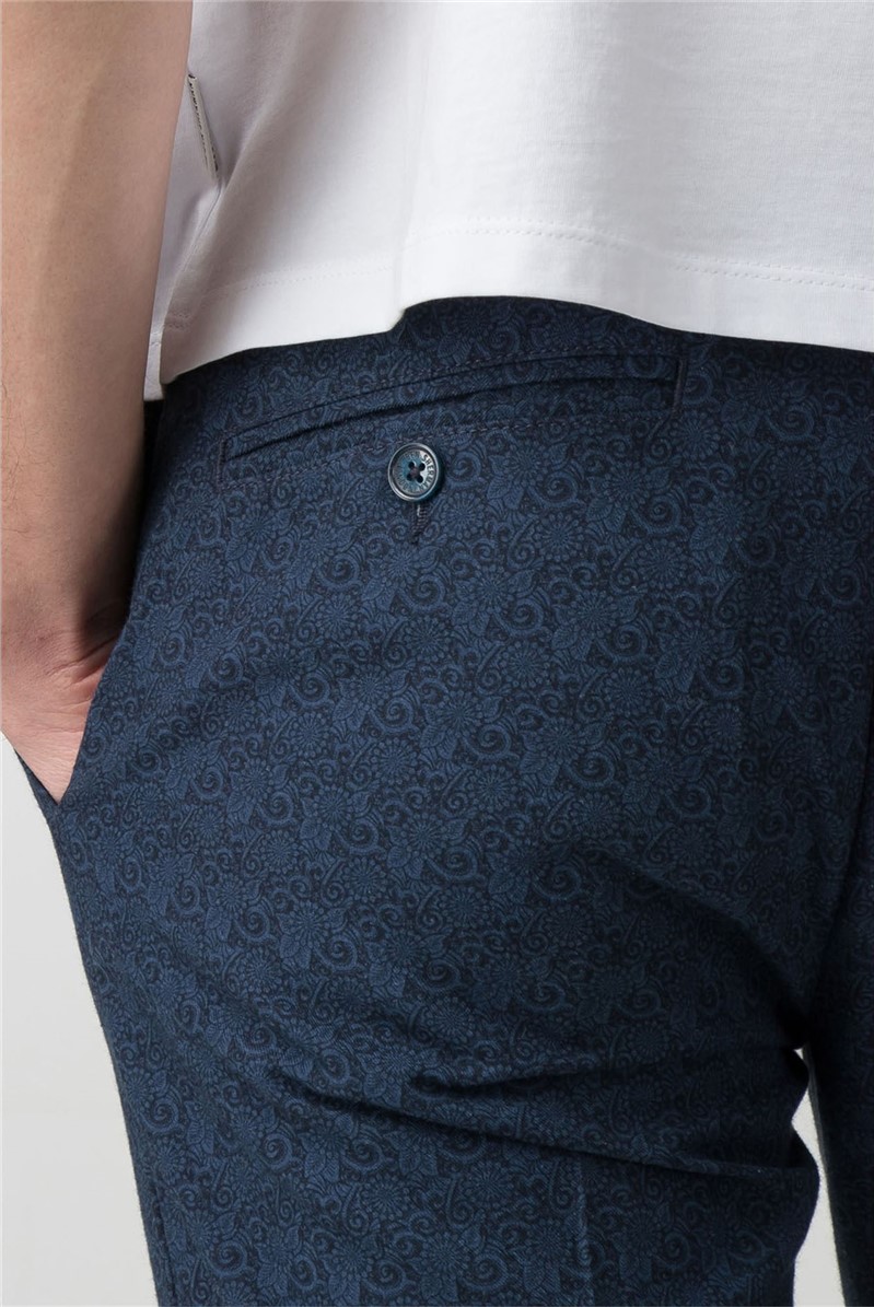  Navy Printed Floral Mens Smart Casual Trousers