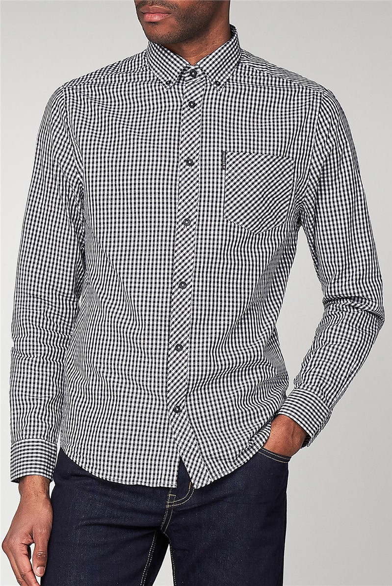 black suit gingham shirt