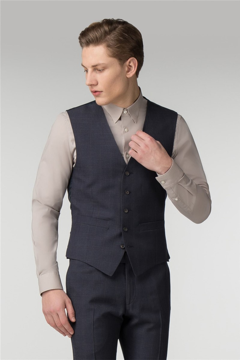  Navy Check Slim Fit Waistcoat