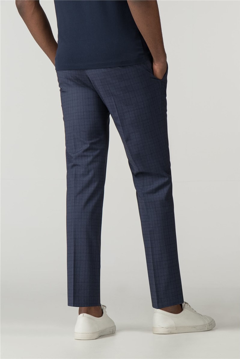 Limehaus | Men's Blue Checked Slim Fit Trousers | Suit Direct