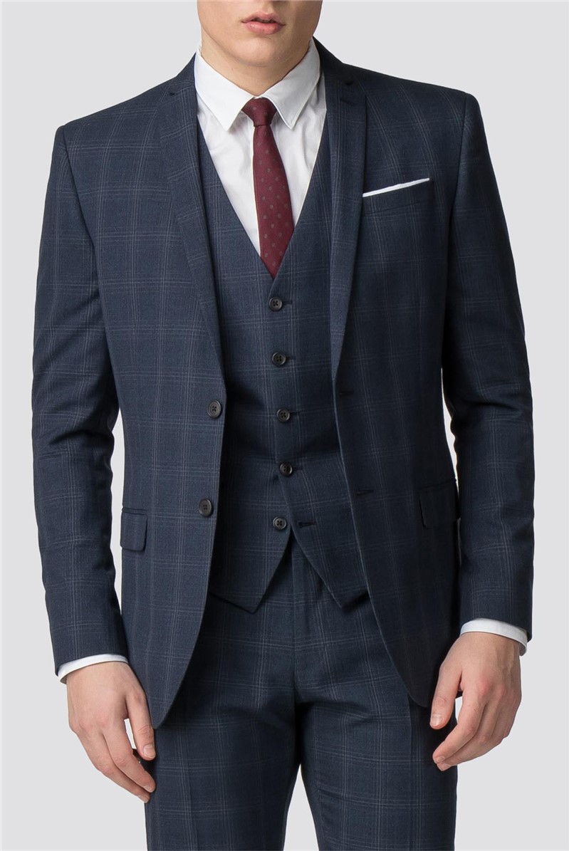 Deep Blue Burgundy Check Slim Fit Jacket