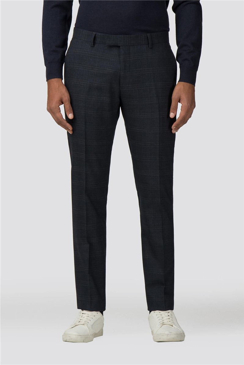  Deep Navy Blue Textured Check Stretch Trouser