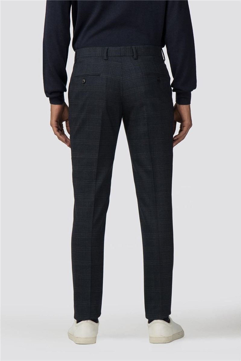  Deep Navy Blue Textured Check Stretch Trouser