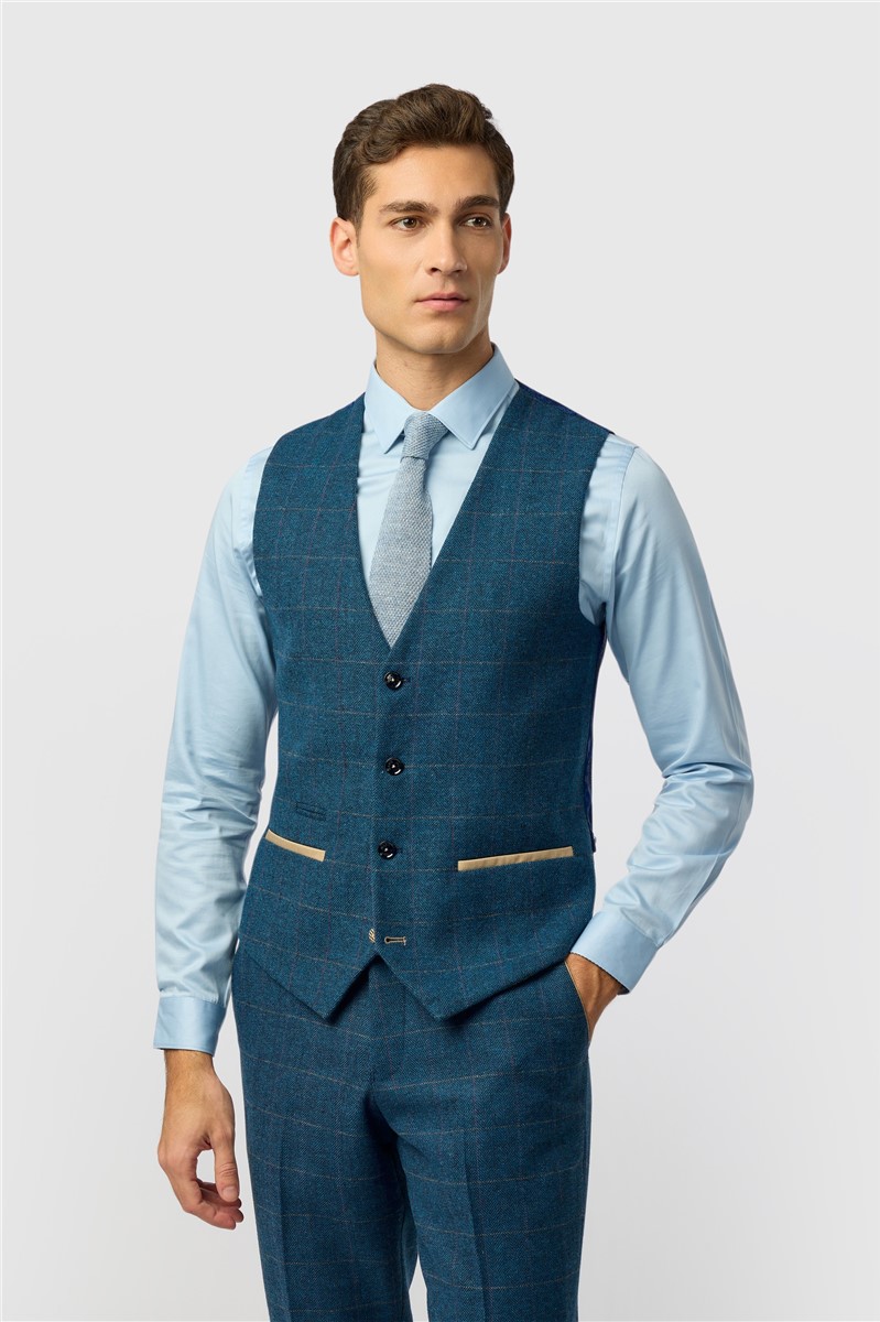 Marc Darcy Tua Uomo 3 Pezzi Blu Quadretti Spina Di Pesce | Abito Vintage Ispirato A Peaky Blinders | Giacca, Pantalone, Gilet