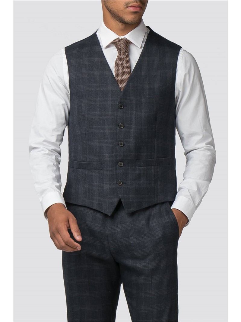  Navy Check Slim Fit Waistcoat