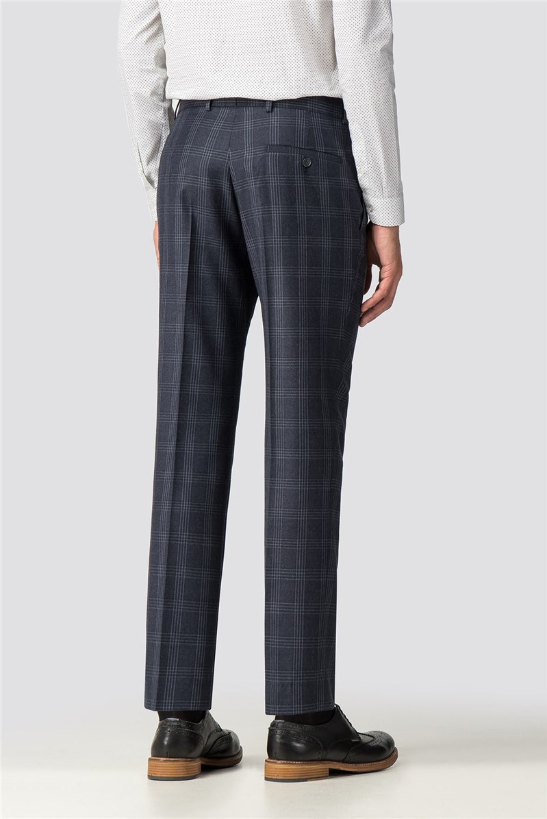  Blue Wool Blend Check Slim Fit Trousers