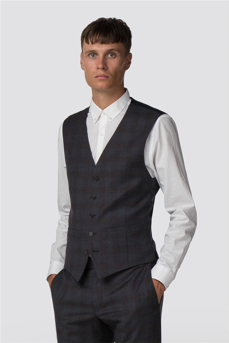  Navy Rust Check Slim Fit Waistcoat