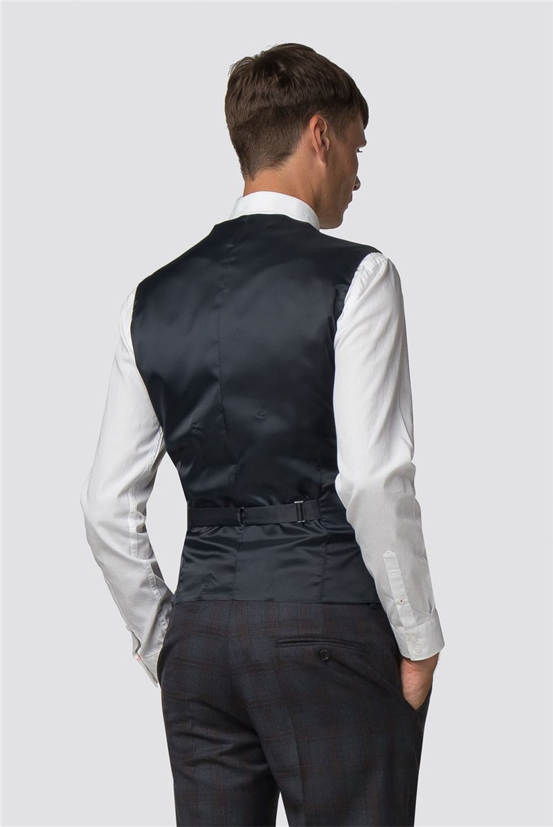  Navy Rust Check Slim Fit Waistcoat