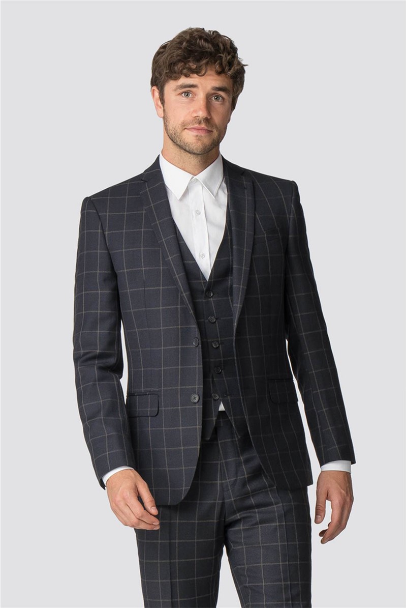  Navy Check Tailored Fit Jacket