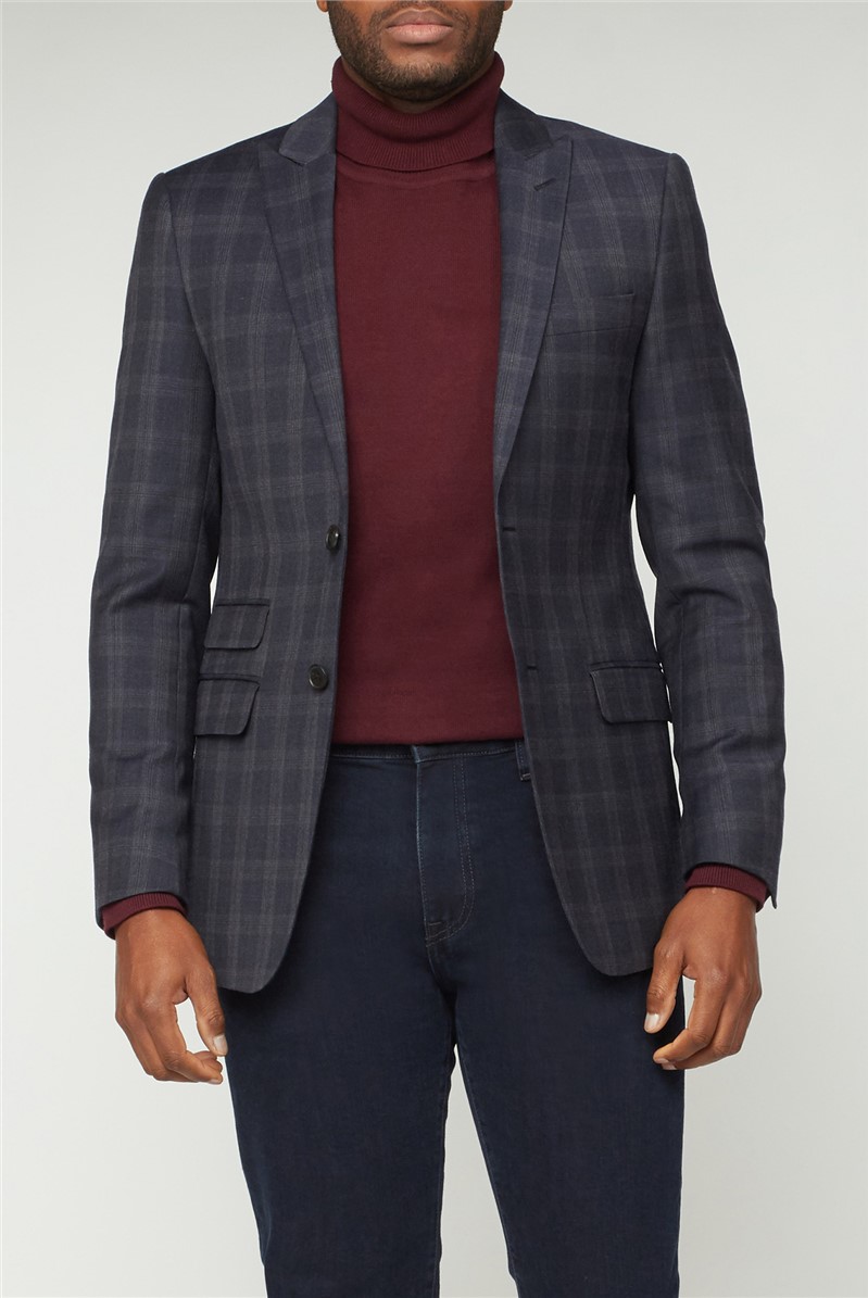 Stvdio Navy Rust Grid Check Wool Blend Suit Jacket