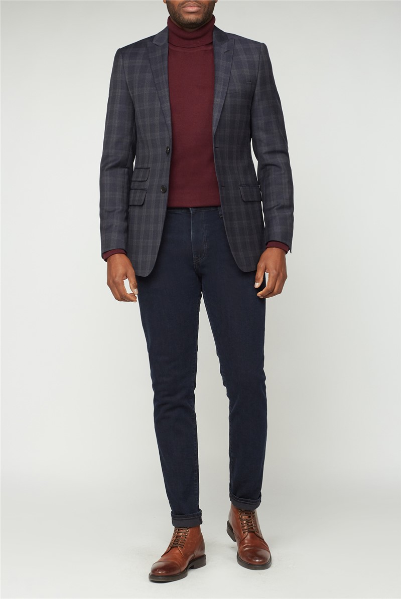 Stvdio Navy Rust Grid Check Wool Blend Suit Jacket