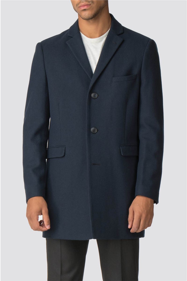  Navy Blue Melton Slim Fit Overcoat