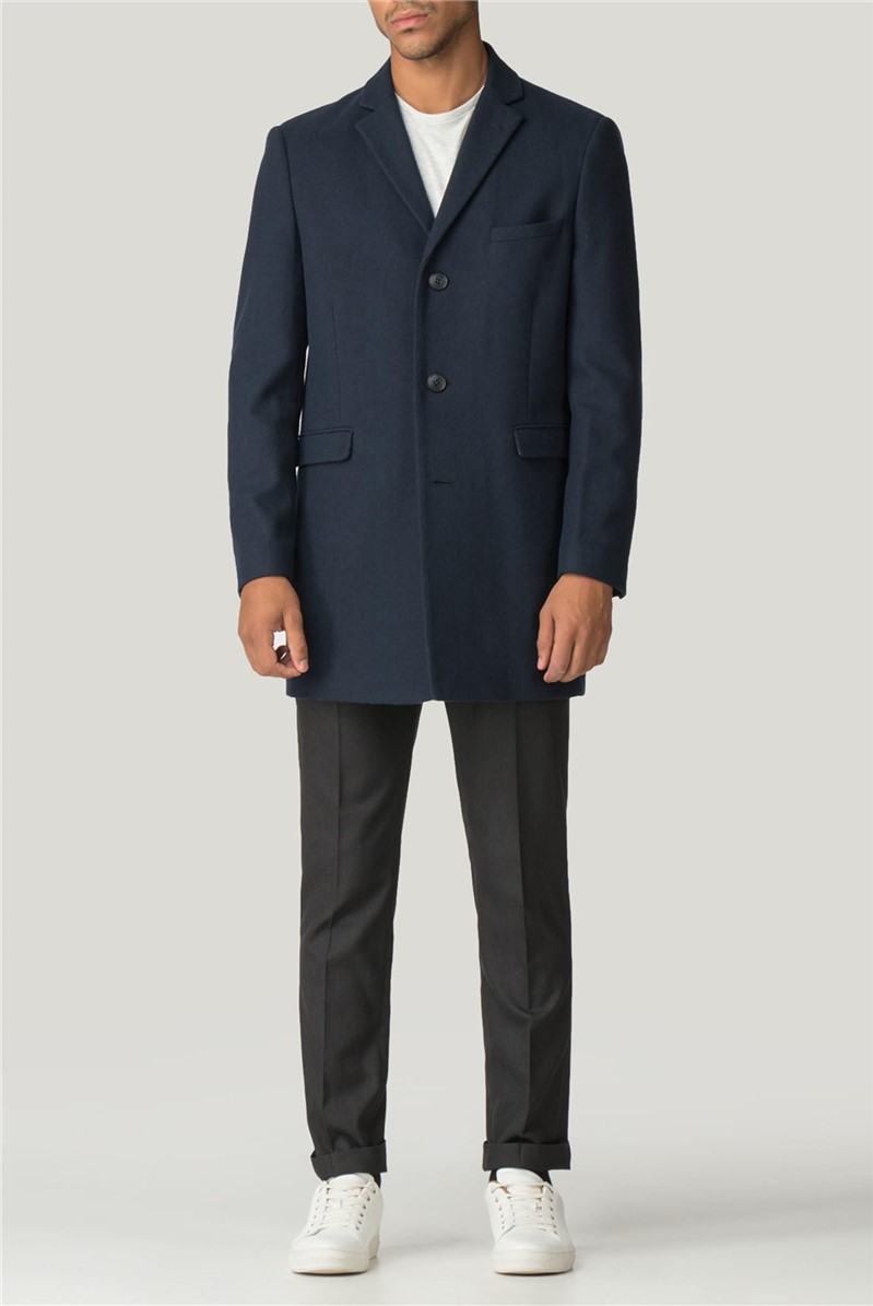  Navy Blue Melton Slim Fit Overcoat