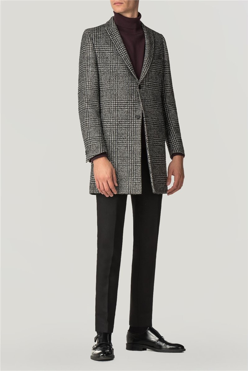 Viggo | Men's Black & White Checked Overcoat | Suit Direct