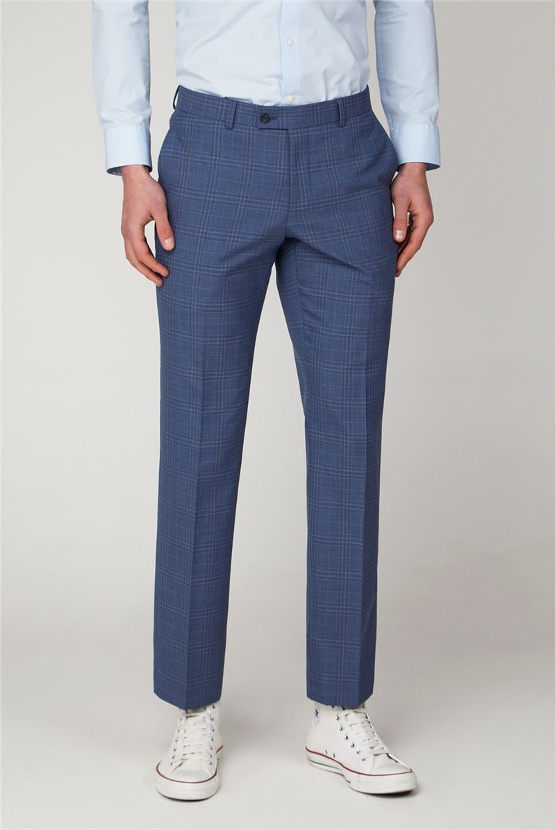 Light Blue Check Tailored Fit Suit Trousers