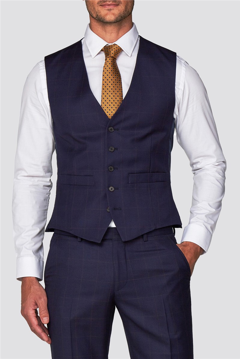 Branded Navy & Rust Windowpane Checked Waistcoat