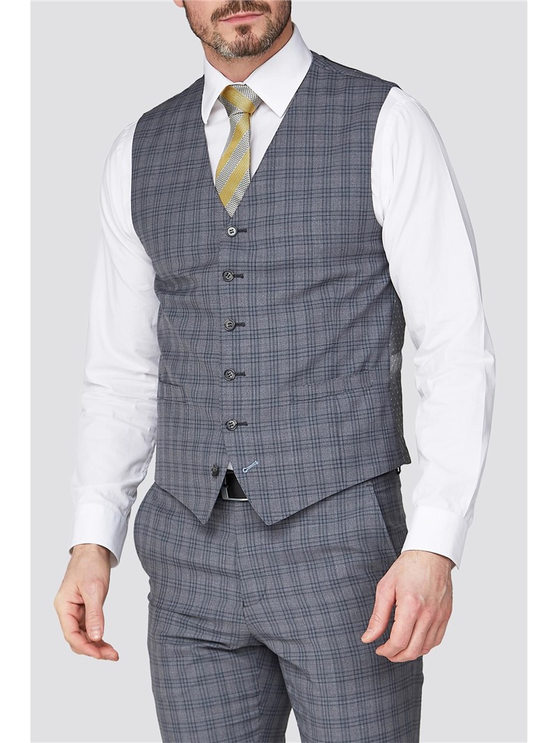 Stvdio Light Grey with Blue Windowpane Check Waistcoat