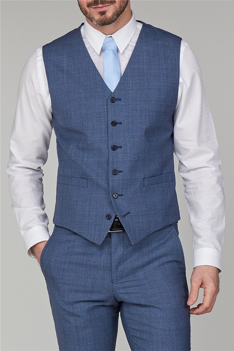 Studio Light Blue Speckle Windowpane Tailored Fit Waistcoat