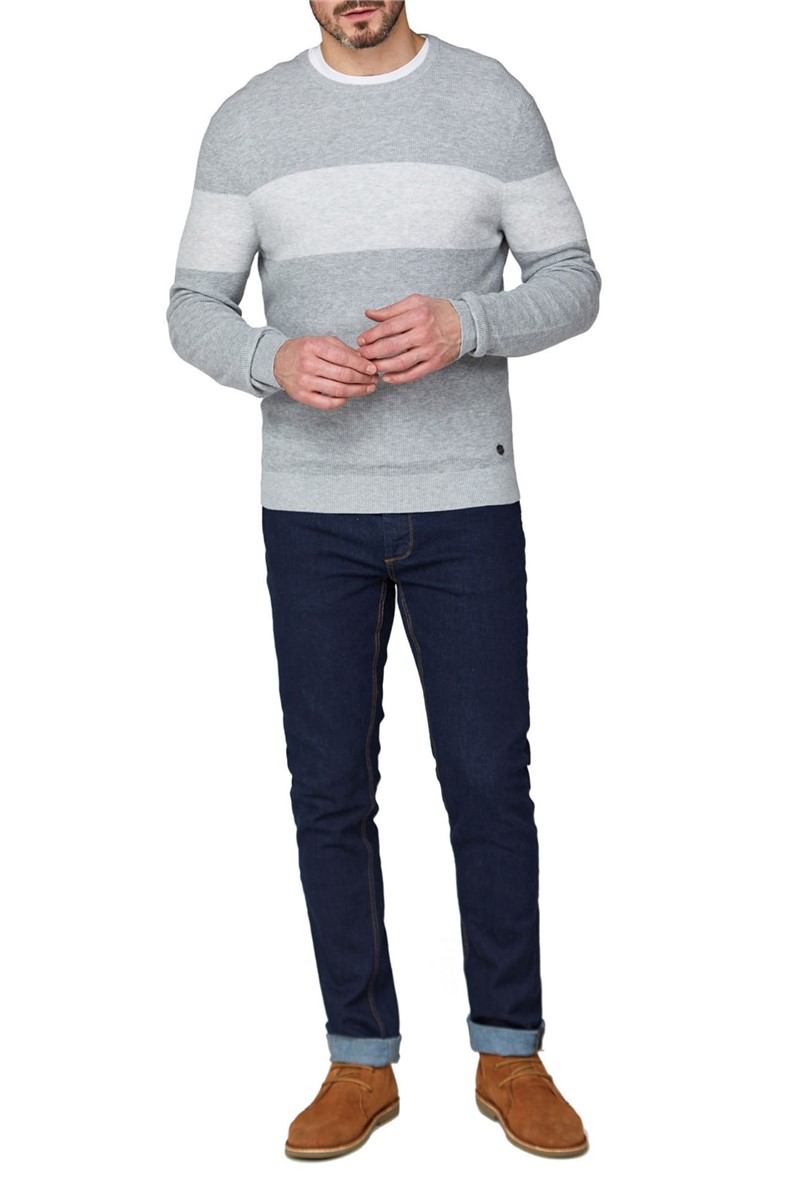  Grey Tonal Chest Panel Cotton Crew Neck Jumper