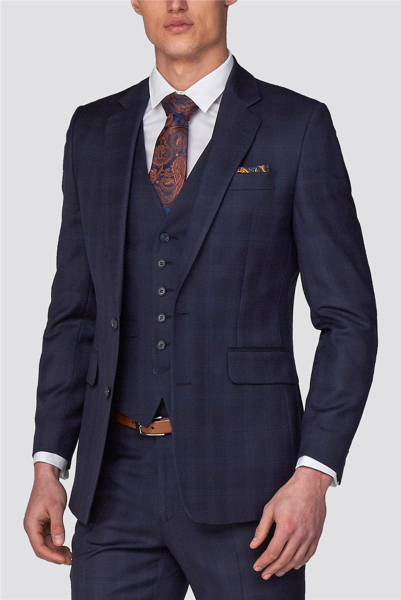 Navy Tonal Checked Tailored Fit Suit Jacket