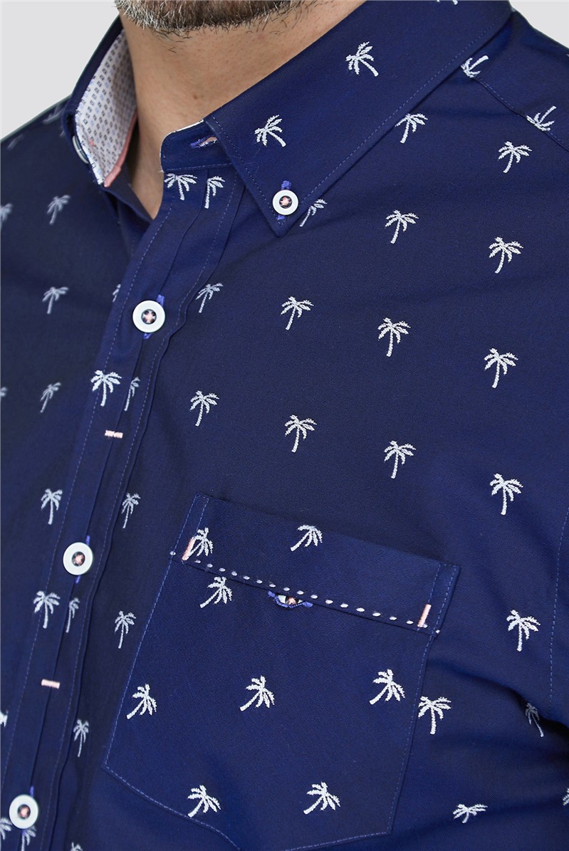  Navy Palm Tree Print Jacquard Shirt