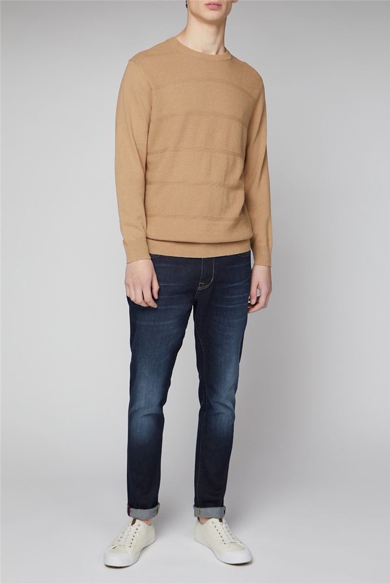 Ben Sherman | Textured Stripe Brown Crew Neck | SuitDirect.co.uk