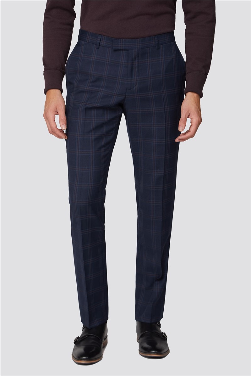  Navy Textured Check Tailored Fit Suit Trouser