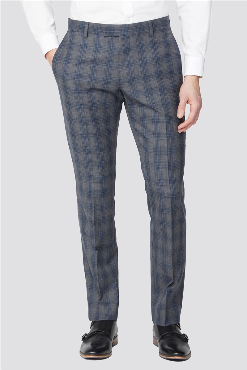  Grey Blue Check Tailored Fit Suit Trouser