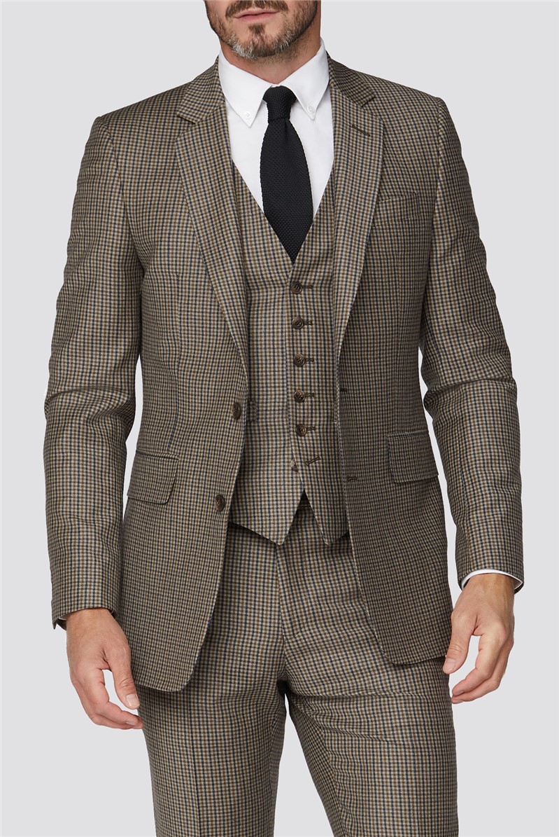 Branded Stone Micro Checked Tailored Fit Suit Jacket