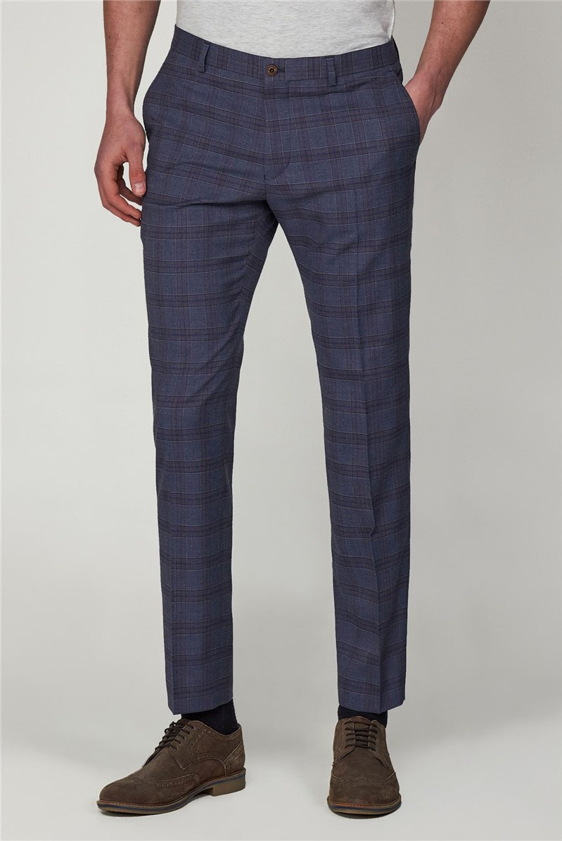  Slate Blue Check Slim Fit Trousers