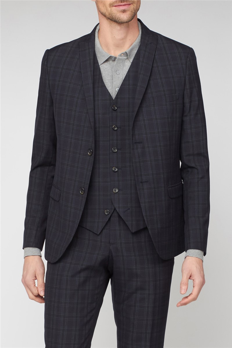 Stvdio Deep Blue Check Super Slim Fit Brit Waistcoat