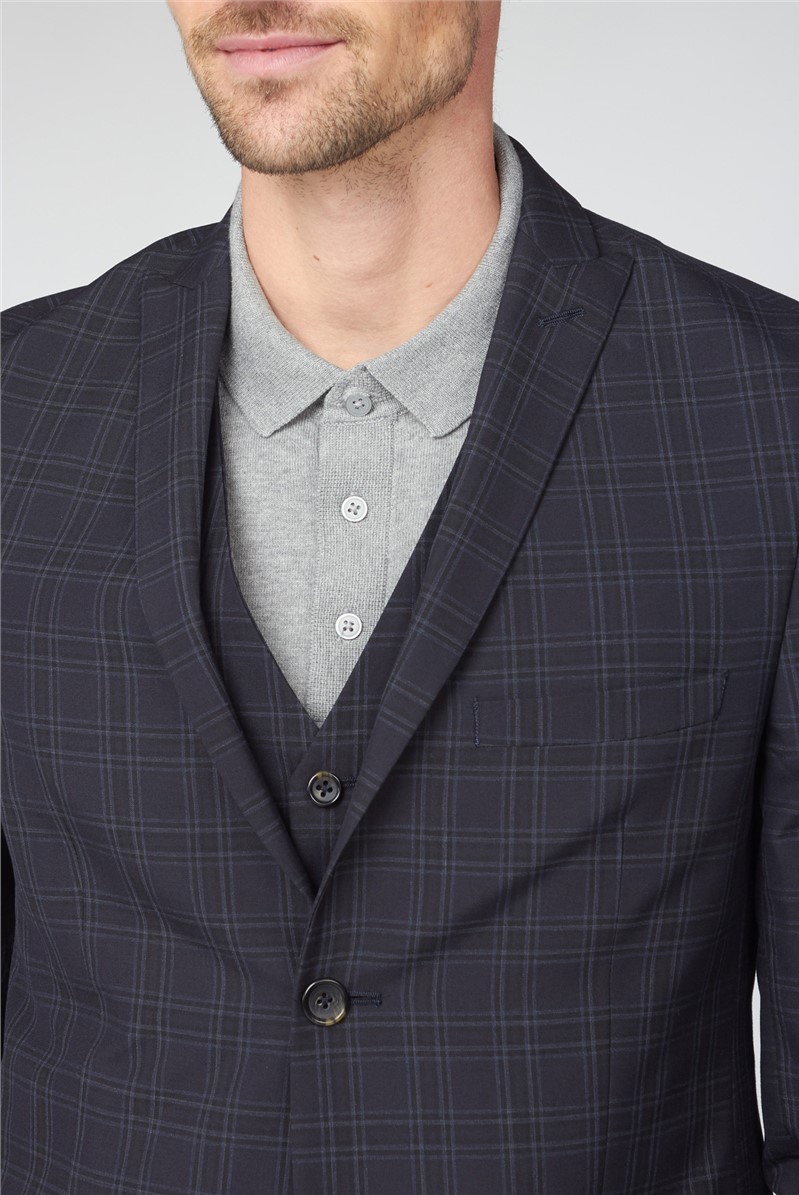 Stvdio Deep Blue Check Super Slim Fit Brit Waistcoat