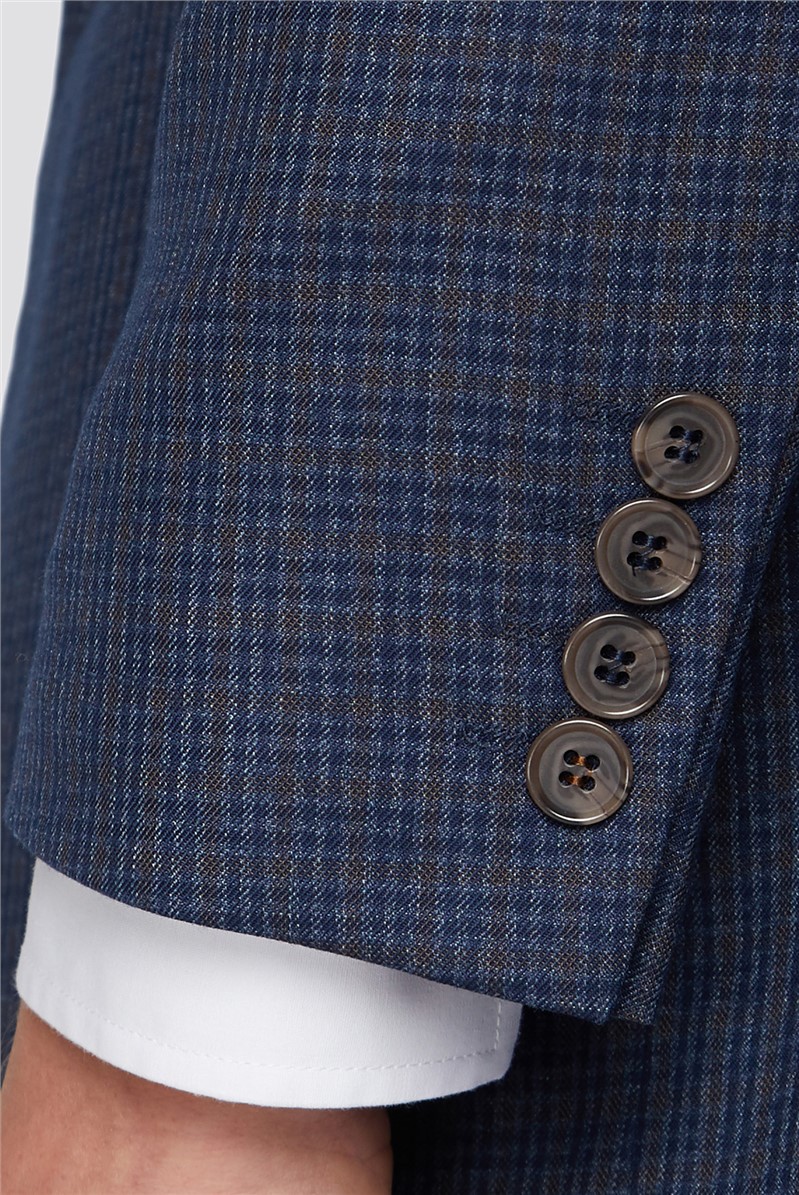 Navy With Tan Mini Check Slim Suit Trousers