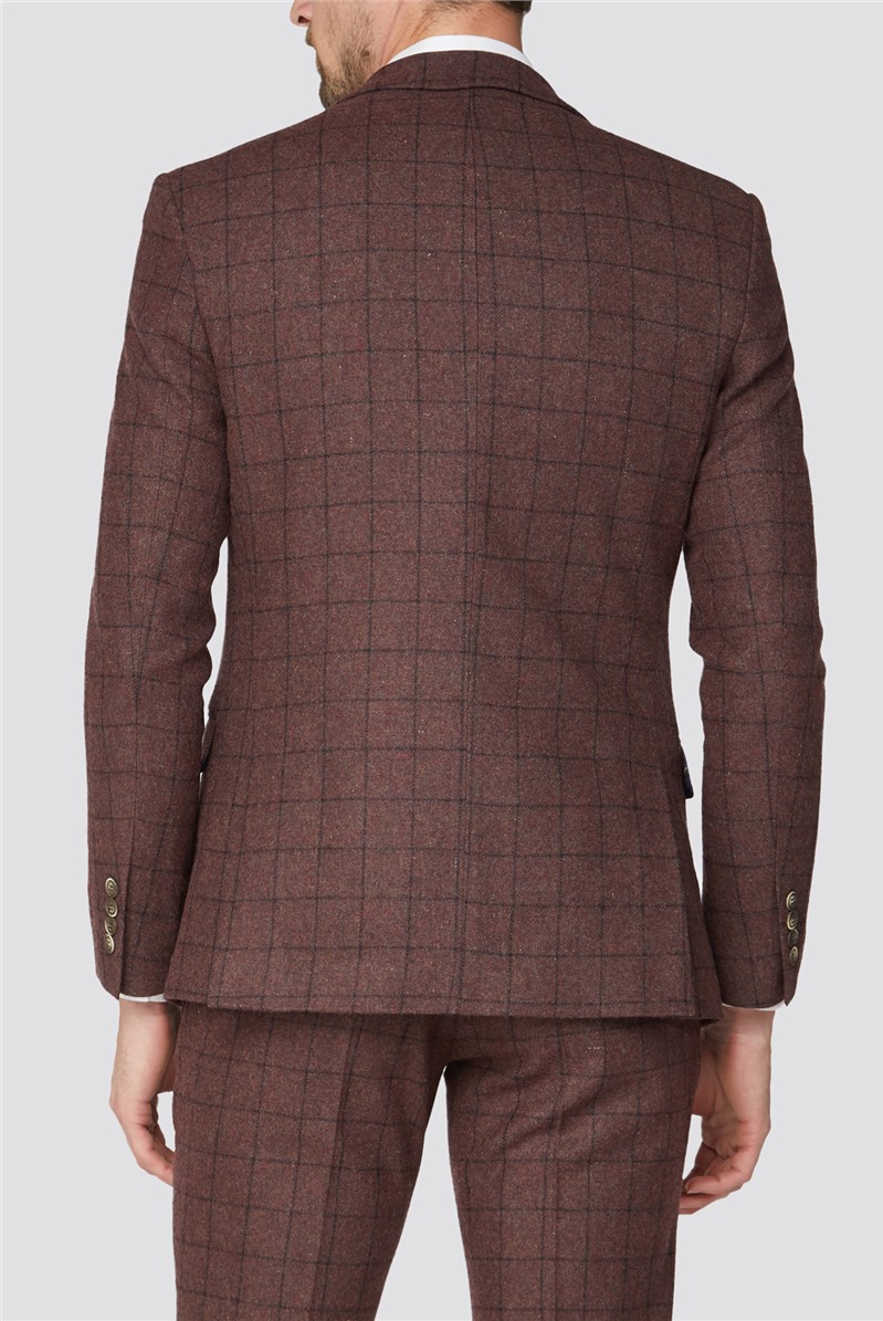  Burgundy Check Tweed Slim Fit Suit Jacket