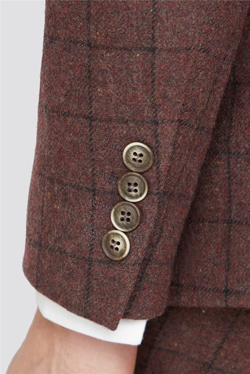  Burgundy Check Tweed Slim Fit Suit Jacket