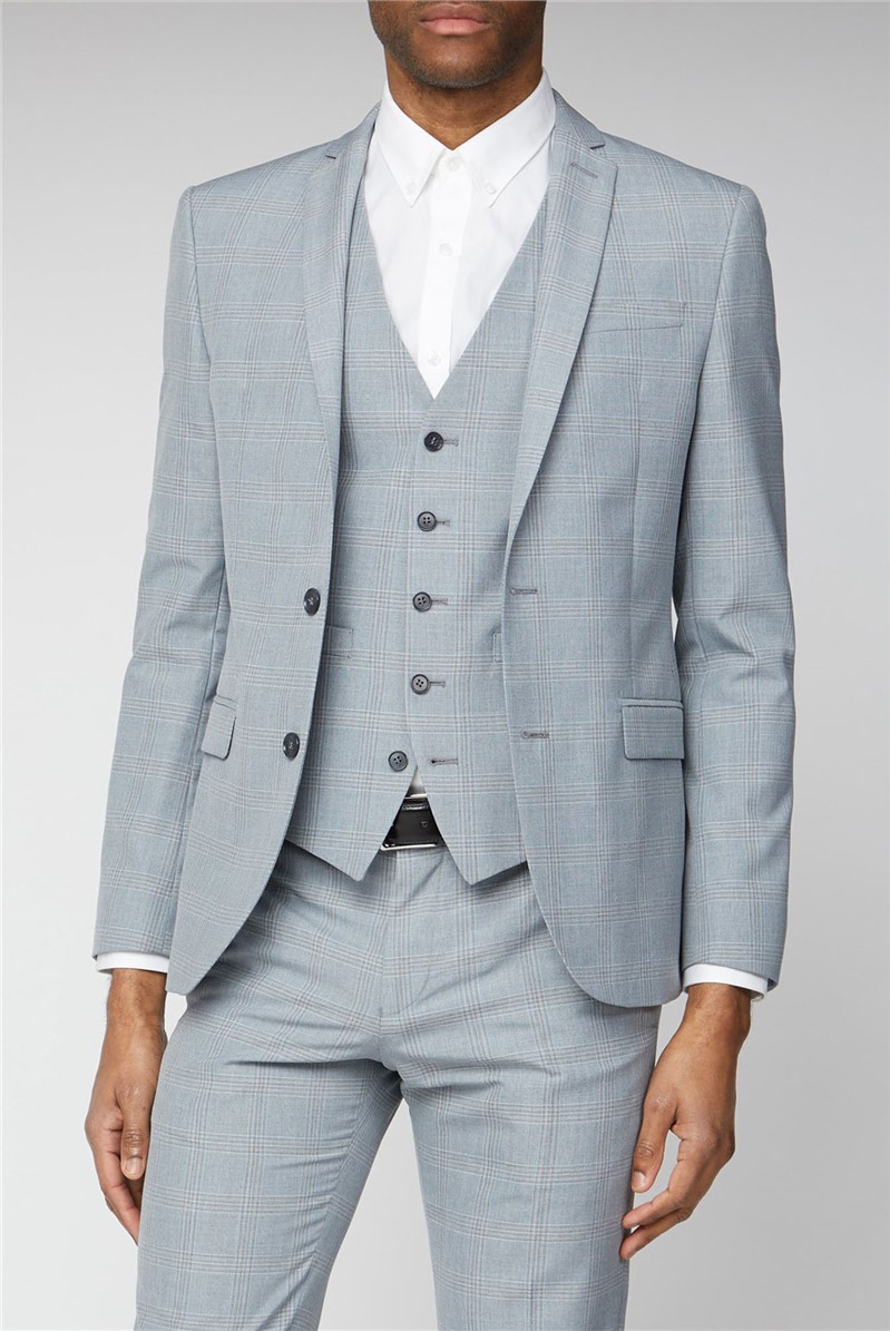  Light Grey and Blue Check Skinny Fit Suit Waistcoat